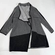 Ming Wang Cardigan Womens Medium Black White Open Front Knit Sweater Jacket