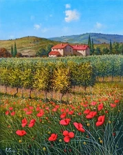 TUSCANY PAINTING FLOWERED VINEYARD PACINI PAINTER ORIGINAL CANVAS ITALYIAN DECOR
