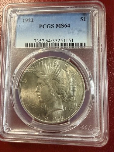 1922 $1 Peace Dollar. PCGS MS-64. Free Shipping