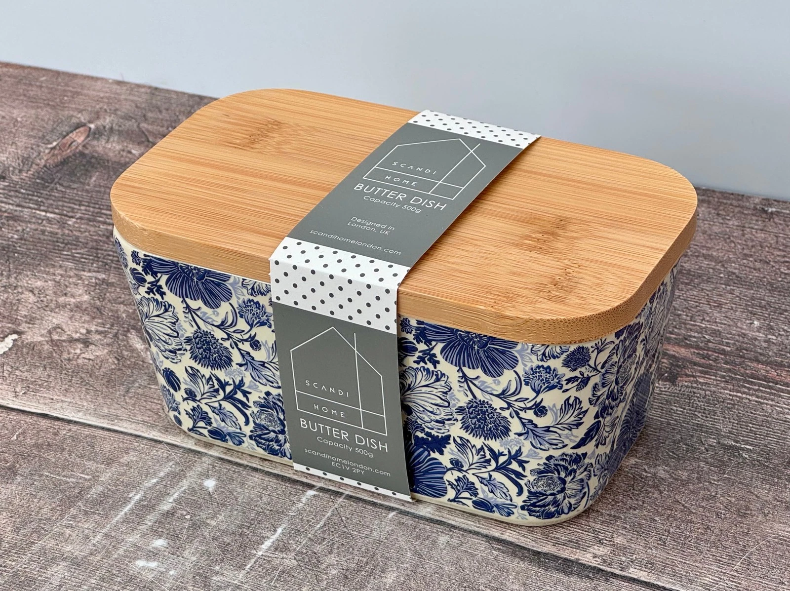 Scandi Home Blue Flower Patterned Butter Dish with Wooden Lid