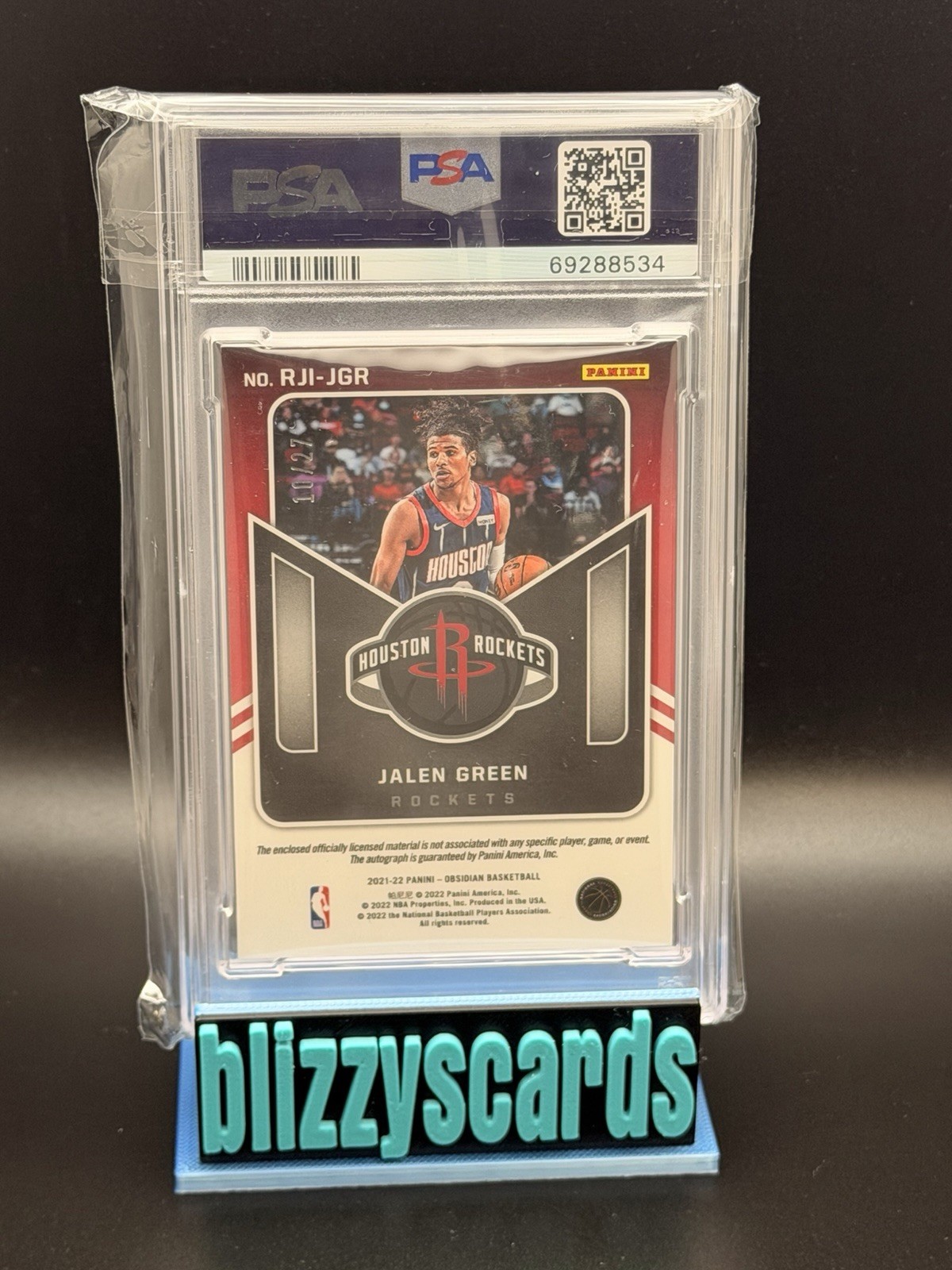 Panini 2021-22 Obsidian Jalen Green Rookie Jersey Ink Auto Blue Flood /27 PSA9 view 2