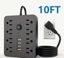 14-in-1 Black Power Strip- Surge Protector,USB-C,USB Outlets,AC Sockets 10  Cord