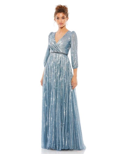 NWT Mac Duggal Size 16 Sequined Wrap Over 3/4 Sleeve Slate Blue Gown Bridal - 第 1/10 張圖片