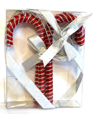 METALLIC RED SILVER CANDY CANES CHRISTMAS TREE ORNAMENTS. BOX OF 4.