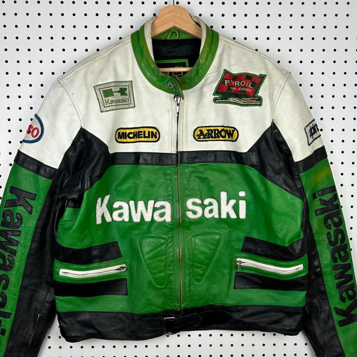 Vintage Kawasaki Leather Motorcycle Jacket Sz XL Green Black Vintage Kawasaki Leather Motorcycle Jacket Sz XL Green Black