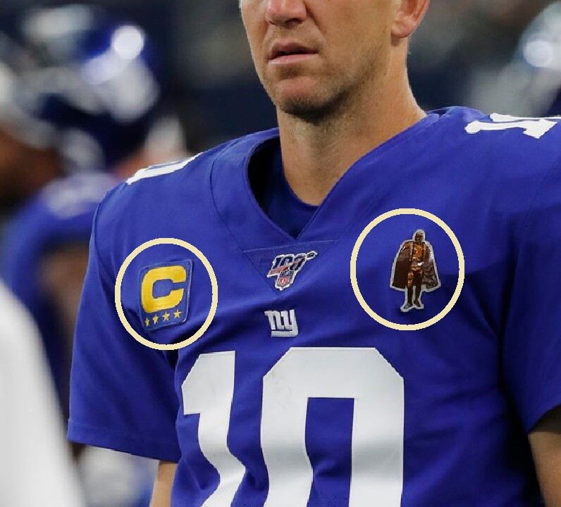 2019 NY GIANTS Eli Manning 4-GOLD⭐⭐⭐⭐CAPTAIN C-PATCH + PLASTIC Man-of-Year 2P