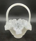FENTON Glass Basket White Iridescent Basketweave Pattern 7" Tall 6" Wide Signed