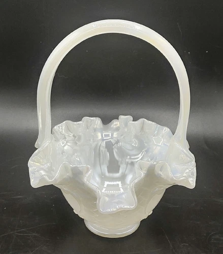 FENTON Glass Basket White Iridescent Basketweave Pattern 7" Tall 6" Wide Signed