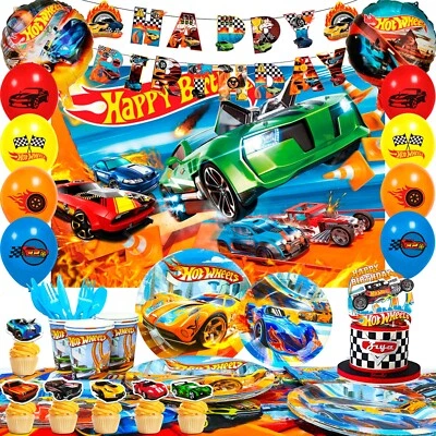 INBOXXARTY Hot Wheels Birthday Supplies Car Party Decorations Balloon Backdrop Tableware