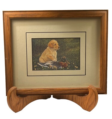 Lab Puppies Duck Hunting print, Deluxe Mat and solid Oak Frame Solid Oak Stand