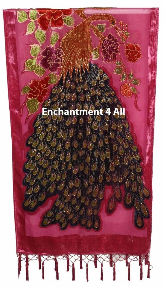 Xale oblongo feito à mão deslumbrante frisado 100% seda veludo pavão envoltório, rosa quente - Imagem 4 de 4