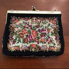 Vintage Petit Point Embroidered Purse Evening Bag Floral Design Roses Gold Tone