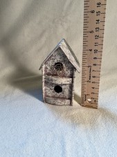 Vintage Little Paper Mache Bird House 4.25  Tall, White Brown Sponge Painted