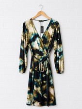 Boohoo Women's Wrap Dress Size 18 Black Mix Long Sleeve Satin Stretch V-Neck New