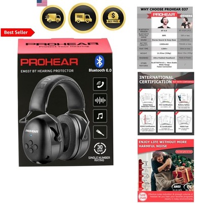037 Bluetooth 6.0 Hearing Protection Headphones with Rechargeable 1500mAh Bat...
