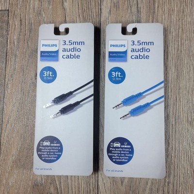 2x Philips Auxiliary Cable 3.5mm Basic 3ft Audio Cable Black Blue Radio - New