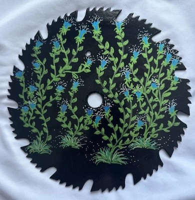 Hand Painted 7.5  Saw Blade Blue Flowers Green Leafy Stems Signed J J * 2020