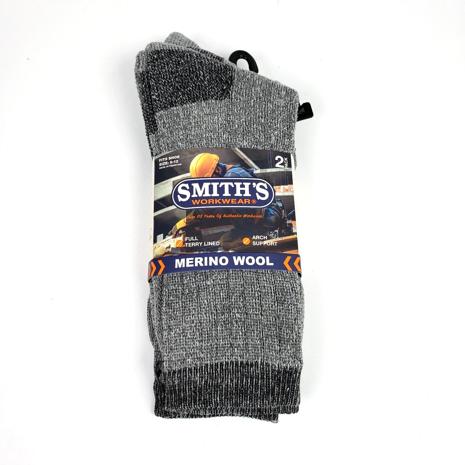 Smiths Work Wear Merino Wool Mens Size 9-12 Gray Lined Work Boot Socks 2 Pack