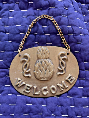 Brass Welcome Sign Pineapple Oval Plaque Vintage Door Hanger Hospitality Decor