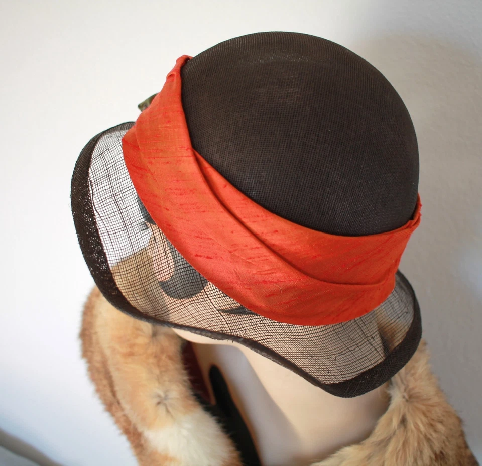 Chapéu estilo vintage década de 1920 aba larga outono inverno marrom e abóbora - Imagem 2 de 4