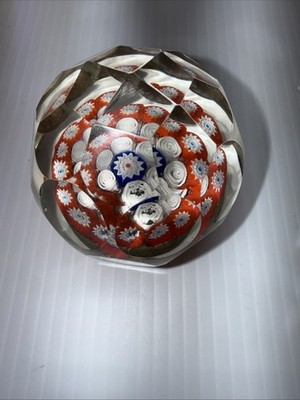 Faceted Concentric Murano Millefiori Blue Red white Paperweight 2.5 '' Vintage