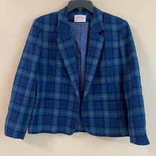 Pendleton Vintage Size 14P Virgin Wool Blue Green Tartan Plaid Heritage Blazer