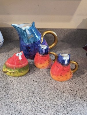 Studio Designworks Joy Cat Pitcher, Coffee Cups, Sugar Bowl  Lot Of 4 
