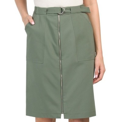 Chaus Olive Green  Front Pockets Exposed Zipper Cargo Midi Belted Skirt Size 12