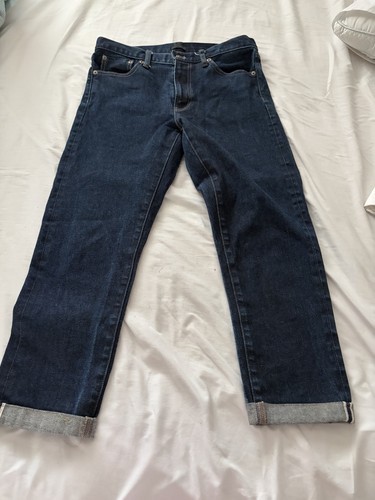 Uniqlo Slim Fit Straight Mid Rise Dark Wash Blue Denim Jeans Stretch 5-Pocket