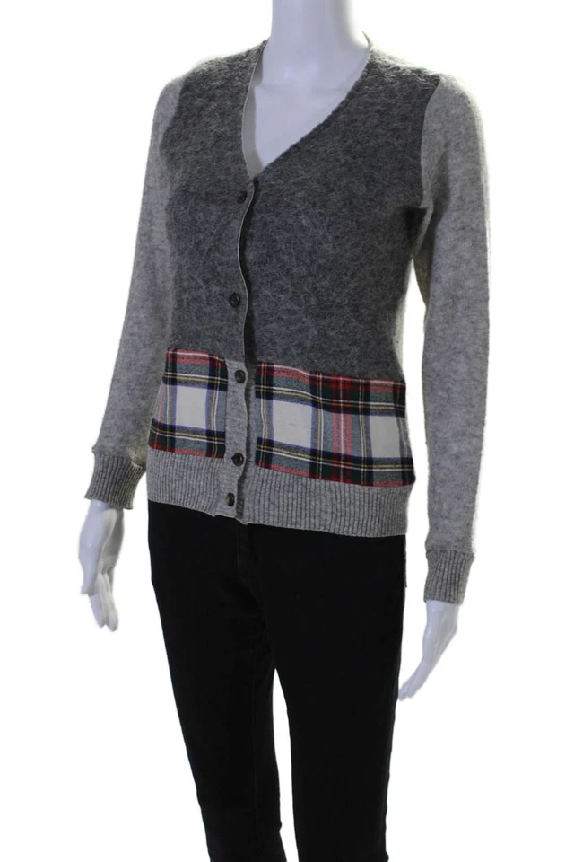 Maille Clu Womens Wool Gray Plaid V-Neck Long Sleeve Cardigan Sweater Top SizeXS - Image 2 of 4