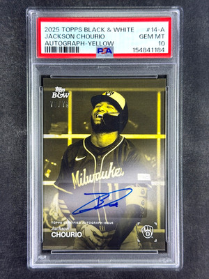 2025 Topps Black & White #14-A Jackson Chourio Autograph Yellow /75 PSA 10 Gem