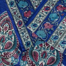 Sanskriti Vintage Blue Pure Silk Sari Floral Block Kalamakari Print Saree 6 Yard