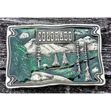 VINTAGE 1976 " COLORADO " BERGAMOT Brass Works Enamel DIX Leather BELT BUCKLE
