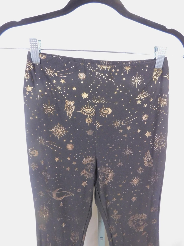 No Boundaries Med Flare Leg Pants Black Gold Celestial Print Stretch Boho Witch - Image 2 of 4