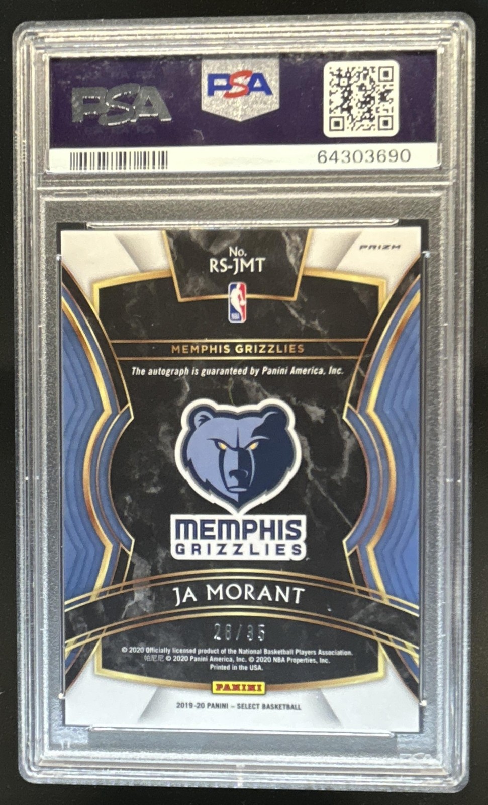 2019-20 Select Ja Morant Rookie Neon Orange Pulsar RC Auto #/35 PSA 10 GEM MINT view 2