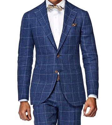 Hot Windowpane Men Casual Business Suit Beach Wedding Suit Navy Blue Custom Size Ebay