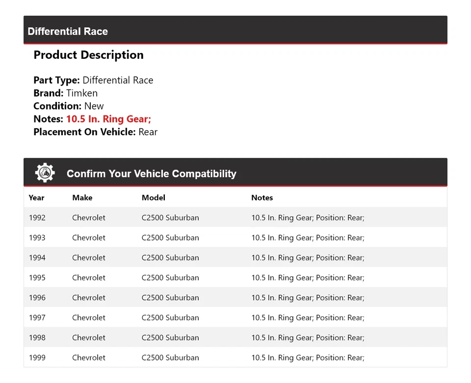 Diferencial trasero de carrera Timken 1993 1994 para Chevrolet C2500 Suburban 1992-1999 Foto 2 de 4