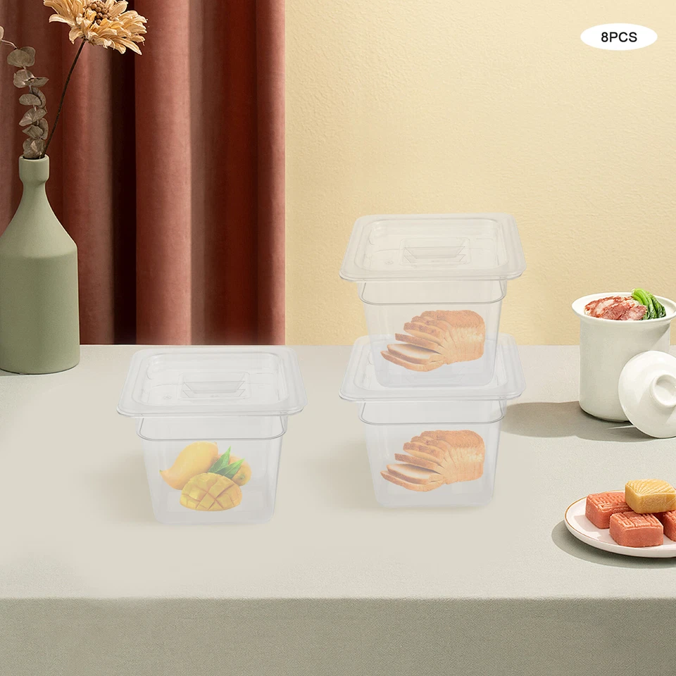 Paquete de 8 contenedores cuadrados de almacenamiento de alimentos de policarbonato de policarbonato de 4 pulgadas de tamaño 1/6 Foto 4 de 4