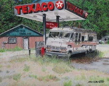 Detailed Drawing, Pacific Northwest, Motorhome, Gas Pump, Original Realism Art
