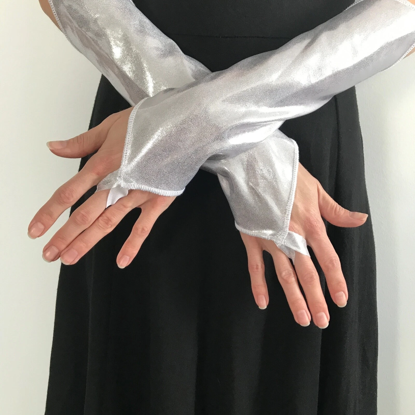 Silver Costume Gloves Holographic Arm Warmers Sleeves with Finger Loops Cosplay