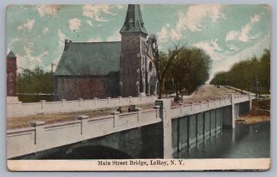 Main Street Bridge LeRoy NY Genesee County 1910 Postcard I7