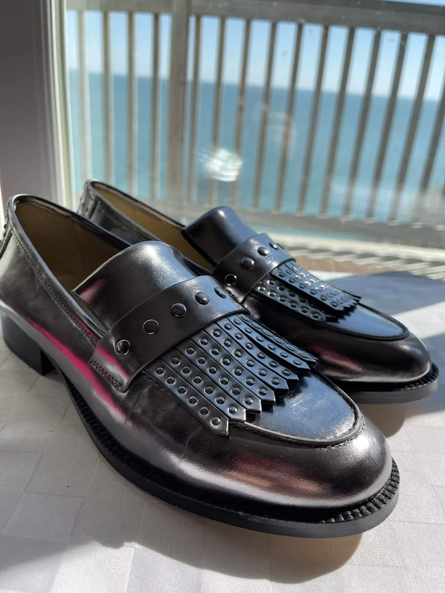 Botkier Women s Victoria Pewter Studded Patent Leather Kiltie Fringe Loafers 8M