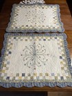 2 Quilted Pillow Shams Blue White Pink Floral Embroidery 28”x22” Lovely Exc Cond