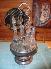 Antique Silver Plate Etched Glass Condiment Cruet 6pc Set Caddy Carousel 19th Cn