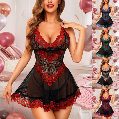 Sexy Damen-Nachthemd Netz durchsichtig Blumenspitze Dessous Babydoll Nachtwäsche Morgenmantel
