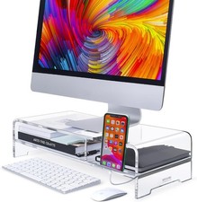 Acrylic Monitor Stand Full Keyboard 20" Wide 2-Tier Riser W/ Storage Shelf