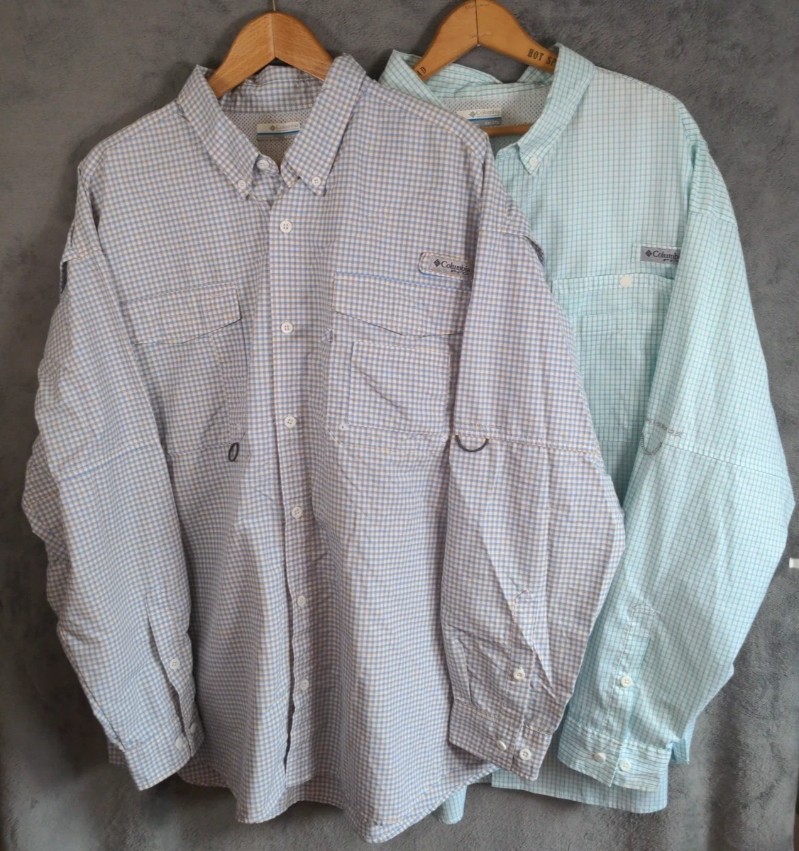 2 Columbia PFG Long Sleeve Shirts Blue & Green Check 2XL Fishing Hiking Gorpcore