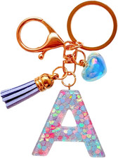 Colorful Initial Letter Keychain for Women Girls with Tassel Heart Charm Alphabe