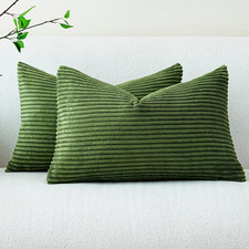 Pack of 2 Moss Green Corduroy Decorative Throw Pillow Covers 12X20 Inch Striped