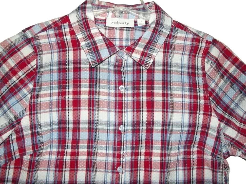 Camisa Breckenridge Mujer Grande Botón Abajo Rojo Blanco Azul Texturizado Blusa a Cuadros Foto 4 de 4
